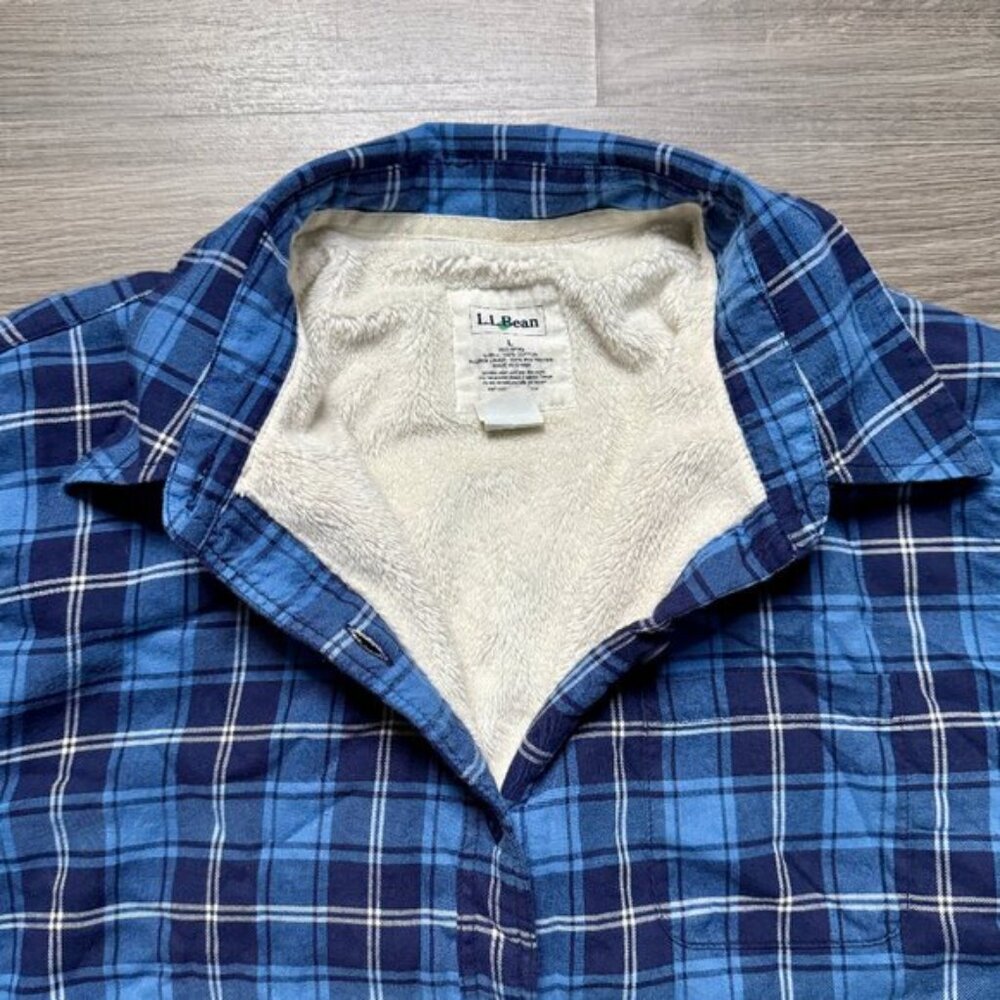 L.L. Bean Women's Sherpa-Lined Flannel Shirt, Snap-Front Plaid - Blue - Picture 3 of 6